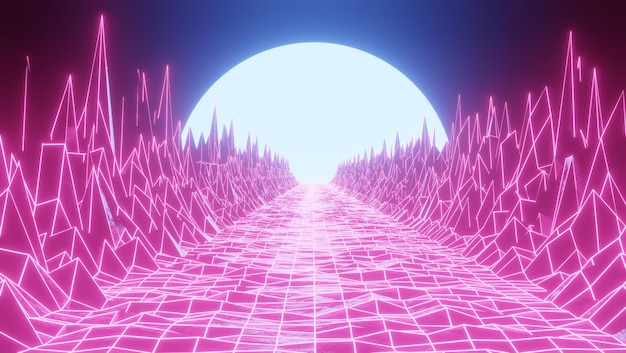Coucher de soleil synthwave avec fond de montagnes Retro future 80s toile de fond sun Futuristic scifi virtual