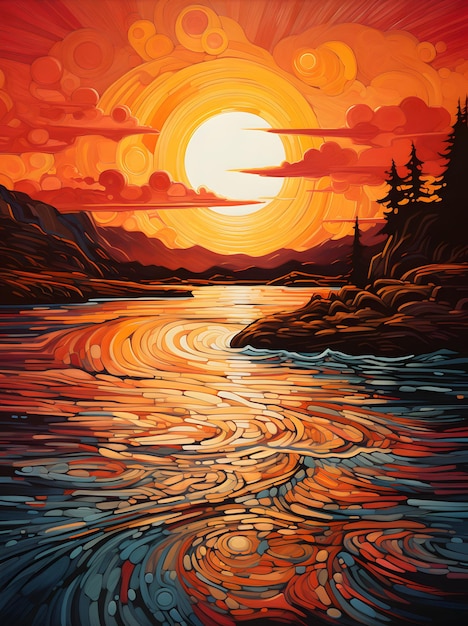 coucher de soleil sur le tableau du lac