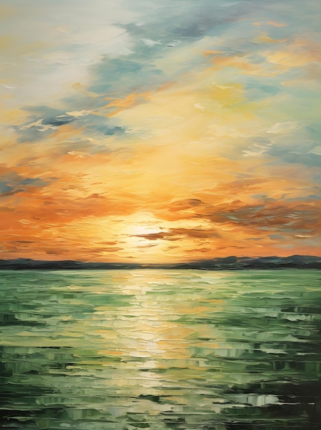 coucher de soleil sur le tableau du lac