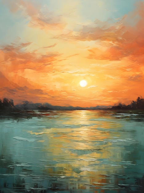 coucher de soleil sur le tableau du lac