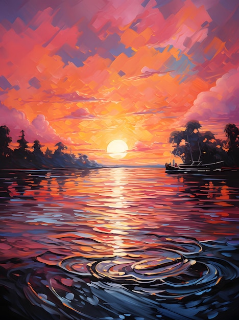 coucher de soleil sur le tableau du lac