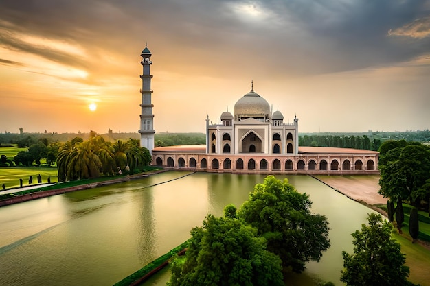 Un coucher de soleil sur un taj mahal avec un étang et une mosquée au premier plan