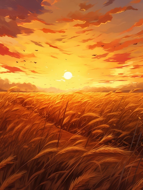 Le coucher de soleil tardif dans un champ doré dans le style anime