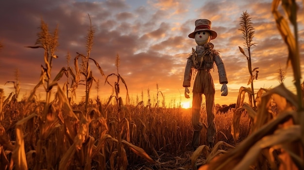 coucher de soleil sur le terrain un épouvantail debout dans une campagne pittoresque AIGenerated