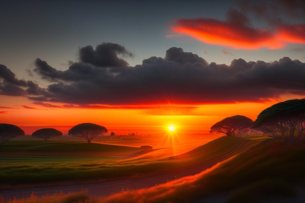 Un coucher de soleil avec un terrain de golf en arrière-plan