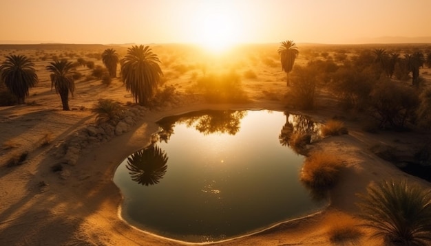 Coucher de soleil tranquille sur la côte africaine des palmiers généré par l'IA