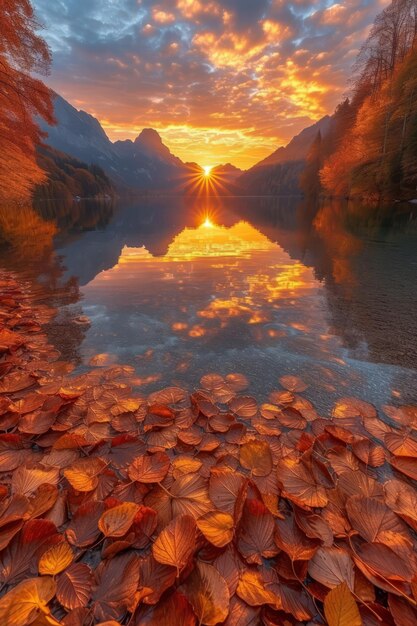 Le coucher de soleil tranquille du lac d'automne