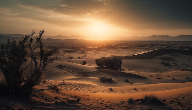 Coucher de soleil tranquille sur les dunes de sable africaines arides générées par l'IA