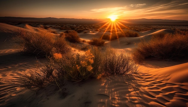 Un coucher de soleil tranquille sur des dunes de sable arides dans un paysage sauvage africain généré par l'intelligence artificielle