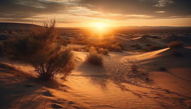 Un coucher de soleil tranquille sur des dunes de sable majestueuses dans l'Afrique aride généré par l'intelligence artificielle