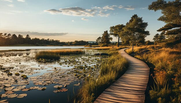 Un coucher de soleil tranquille sur l'eau reflétant la beauté du paysage naturel généré par l'IA