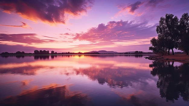 Coucher de soleil tranquille sur un lac calme aux teintes violettes et dorées