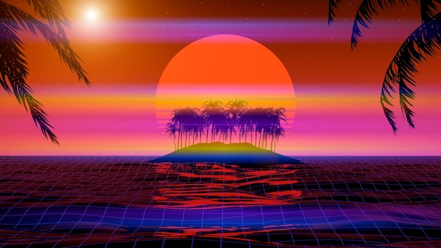 Coucher de soleil tropical 3d avec île et palmiers Océan et soleil néon en synthwave et nouvelle rétroonde