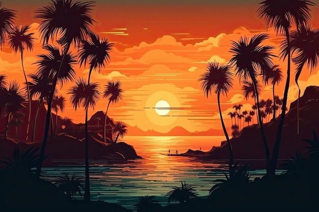 Coucher de soleil tropical avec palmiers silhouette Generative AI