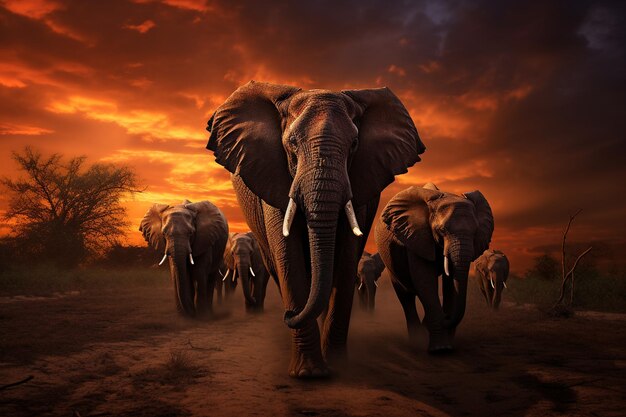 Le coucher de soleil sur un troupeau d'éléphants dans la savane
