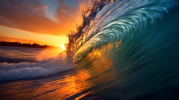 Coucher de soleil sur une vague écrasant la mer