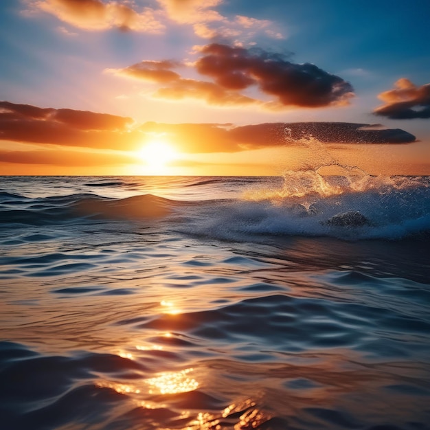 Le coucher de soleil sur la vague de la mer et le coucher du soleil sur la Vague de la Mer et le soleil