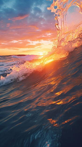 Le coucher de soleil sur les vagues de l'océan avec les vagues qui s'écrasent