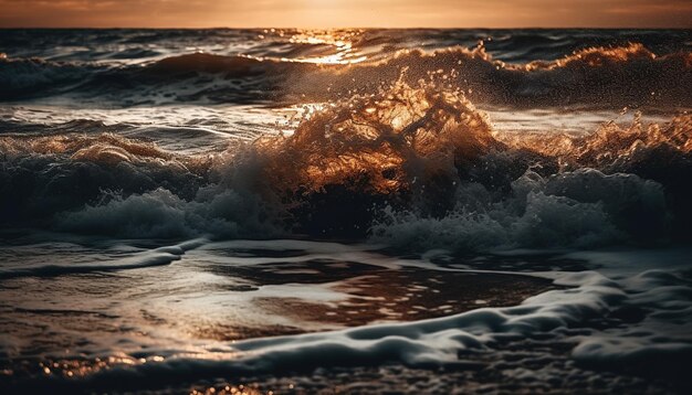 Photo coucher de soleil sur les vagues paisibles du paysage marin éclaboussant contre les rochers générés par l'ia