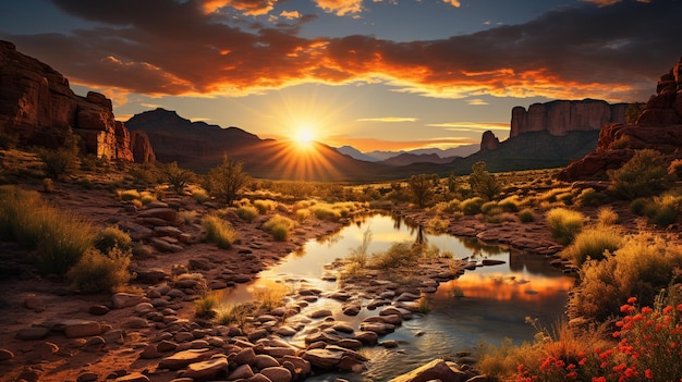 coucher de soleil sur la vallée avec des cactus rouges