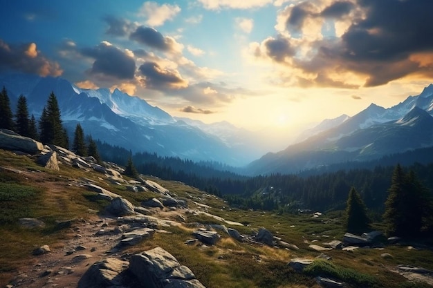 un coucher de soleil sur une vallée de montagne avec une montagne en arrière-plan