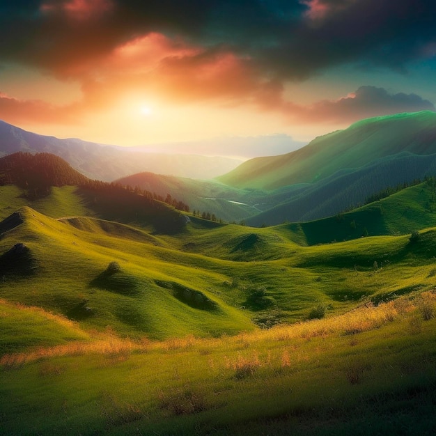 Un coucher de soleil sur une vallée verdoyante avec une colline verdoyante et un ciel nuageux.
