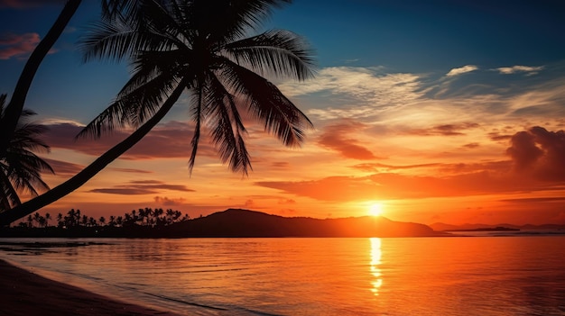 Coucher de soleil vibrant sur une île tropicale avec un reflet doré sur la silhouette des palmiers de l'océan et le ciel coloré Parfait pour une escapade estivale