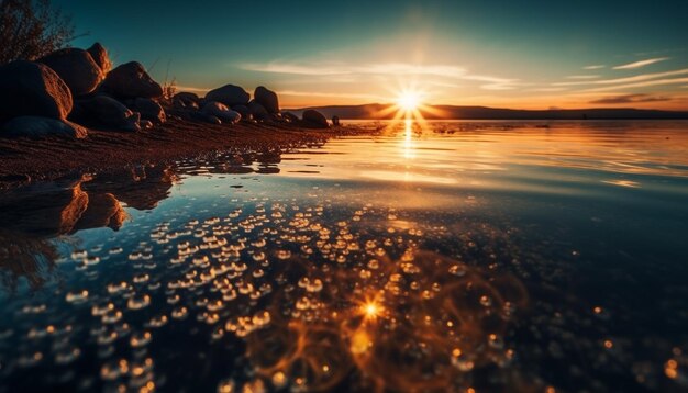 Un coucher de soleil vibrant peint en bleu la beauté d'un paysage marin tranquille généré par l'IA