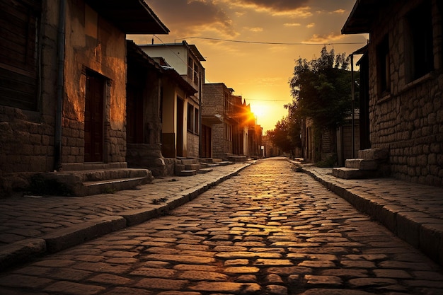 Le coucher de soleil sur une vieille ville pittoresque avec des rues pavées