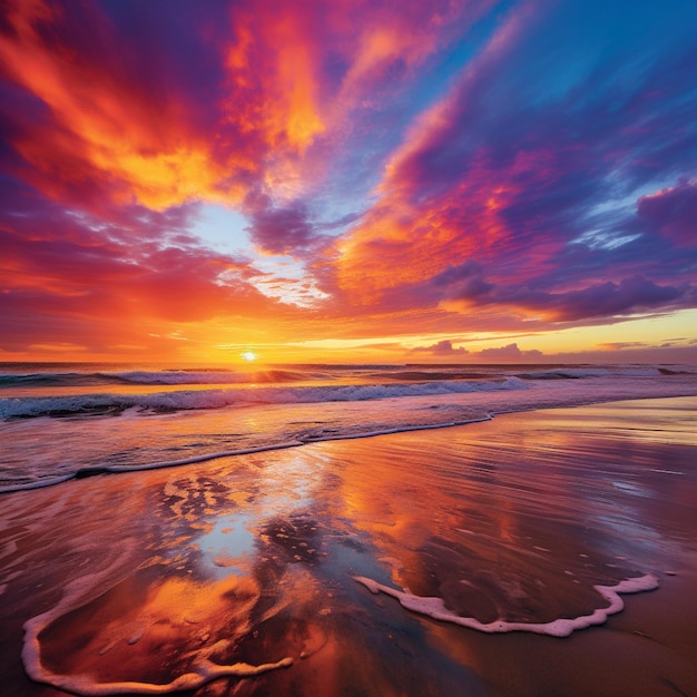 Un coucher de soleil vif sur une plage vierge