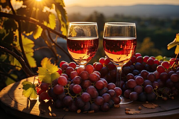 Le coucher de soleil sur le vignoble alors que les raisins rouges sont mûrs et une bouteille de vin avec deux verres versés et une collation légère sont sur une boîte en bois IA générative