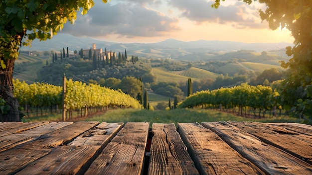 Coucher de soleil sur des vignobles luxuriants, un paysage rural serein, des planches de bois au premier plan, une scène naturelle paisible pour la détente AI