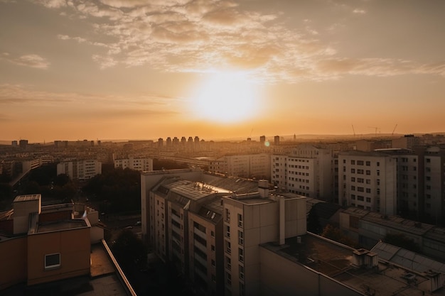 Un coucher de soleil sur une ville au ciel jaune