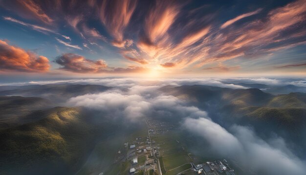 un coucher de soleil sur une ville avec des nuages et une ville en arrière-plan