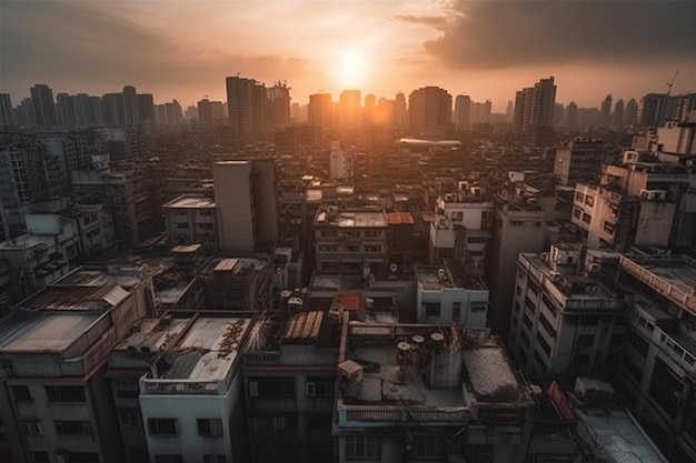 Un coucher de soleil sur une ville avec le soleil se couchant derrière