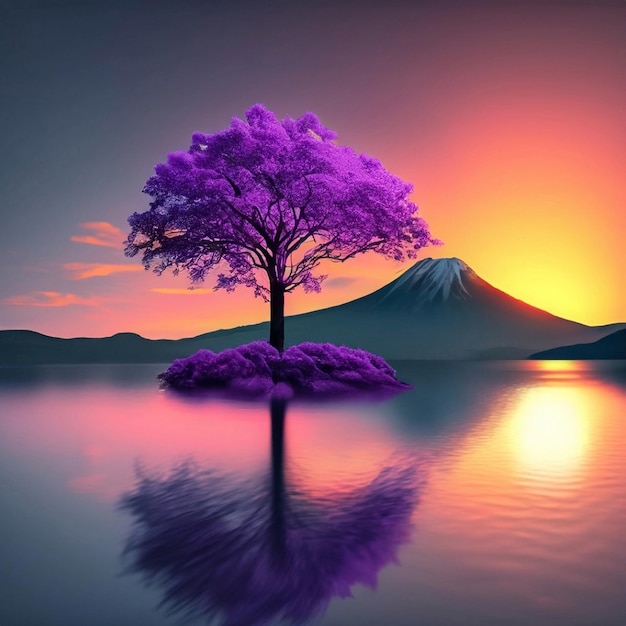 Un coucher de soleil violet sur un lac entouré d'arbres