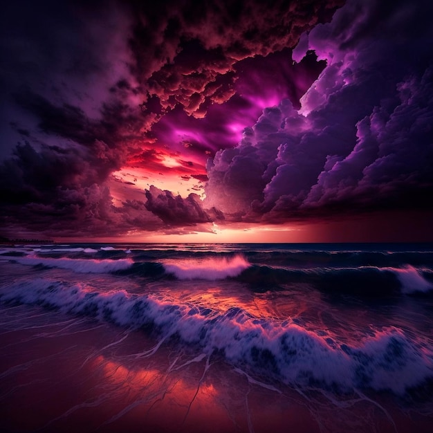 Coucher de soleil violet sombre sur la plage