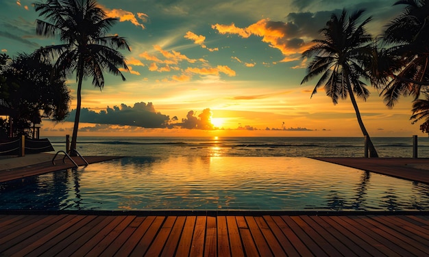 Le coucher de soleil et la vue sur la mer forment une piscine devant la plage.