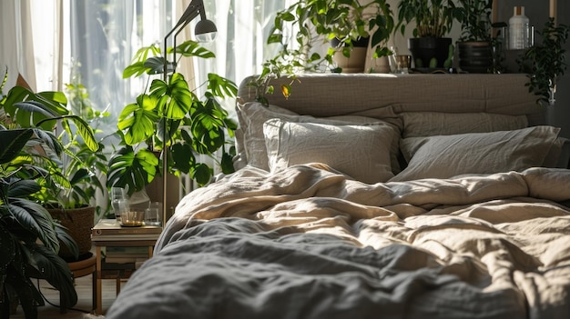 Des couches beiges nordiques chics et une verdure luxuriante dans une chambre à coucher moderne