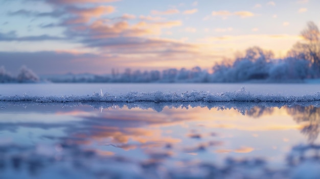 Photo des couches épaisses de glace défocalisées sur le sol reflètent les couleurs émoussées du ciel hivernal créant un