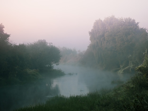 Coude d'une petite rivière dans un épais brouillard à l'aube