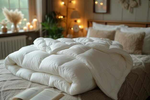 Une couette blanche est allongée sur un lit.