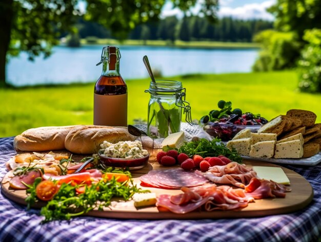 Couette de pique-nique avec panier vide sur le pré dans la nature vue panoramique concept de loisirs et de famille