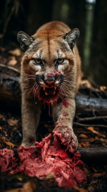 Photo un cougar affamé mangeant de la viande a généré une image