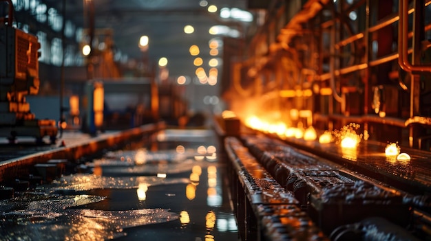 Photo coulée d'acier de nuit dans une usine industrielle processus de fabrication dans l'obscurité avec des tuyaux et des machines lumineux
