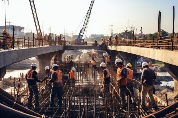 Coulée de fondations en béton sur un chantier du secteur privé avec des ouvriers et du matériel