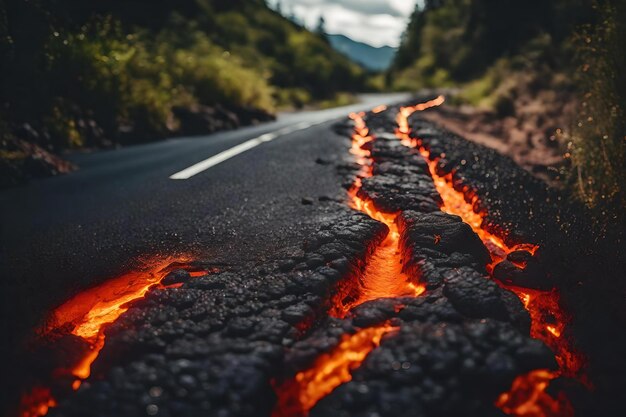 Photo coulée de lave sur la route