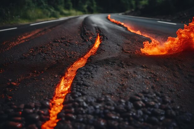 Photo coulée de lave sur la route