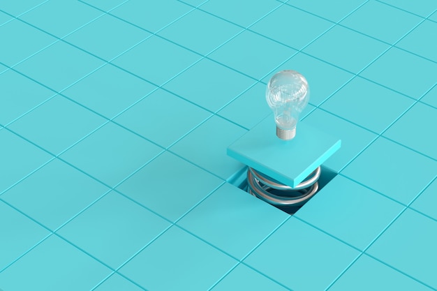 Couleur d'ampoule exceptionnelle flottant sur le ressort chromé du dessus de la grille bleue. idée conceptuelle minimale. rendu 3D