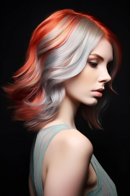 La couleur des cheveux de cette femme est rouge, orange et bleu.